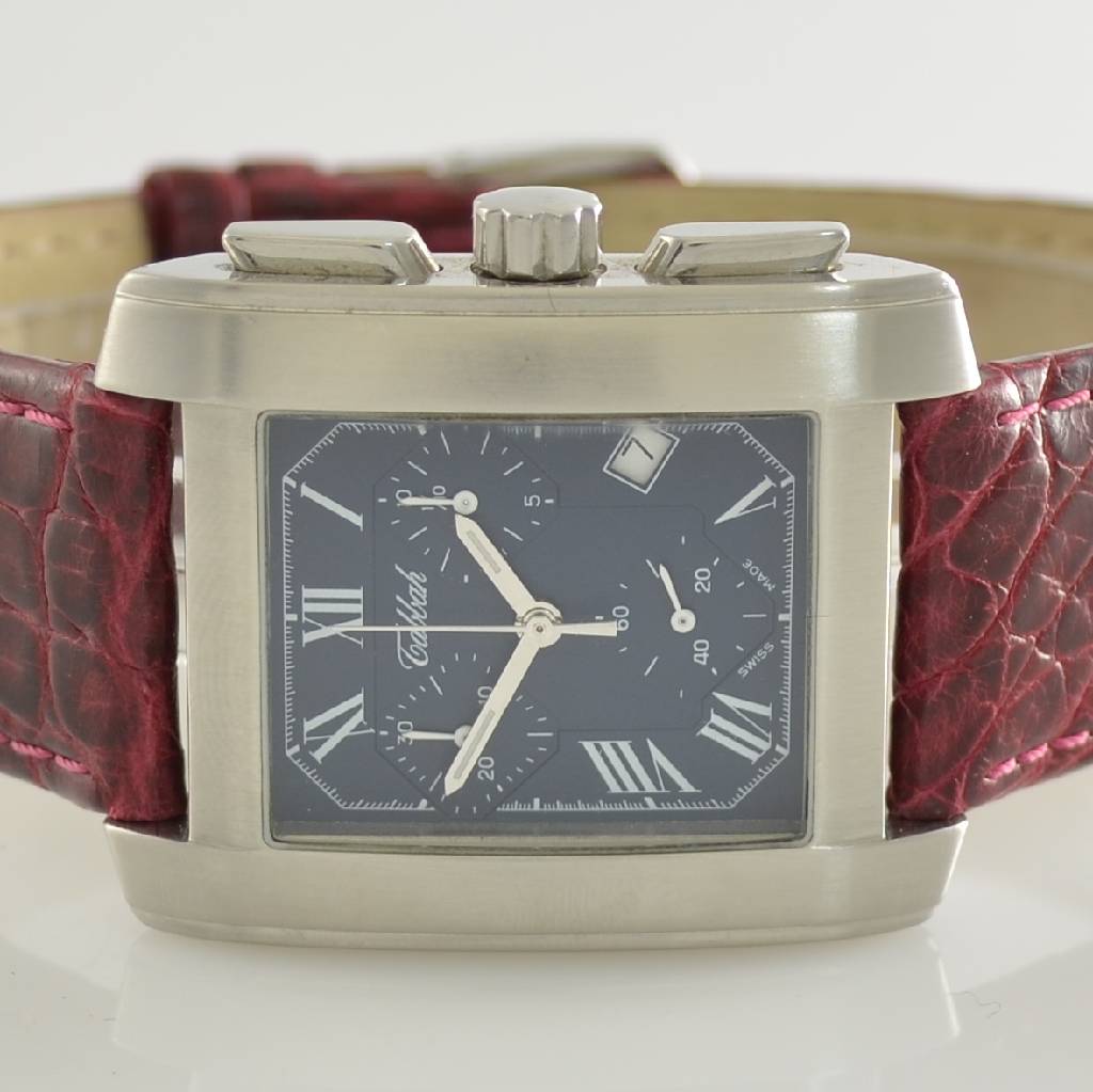 Detail a: TABBAH Armbandchronograph, Schweiz um 1999, Edelstahlgeh. teilw. sat., neutr. Lederband, Glas l. verkr., Boden 4 -fach verschr., Anz. v. Std., Min., ...