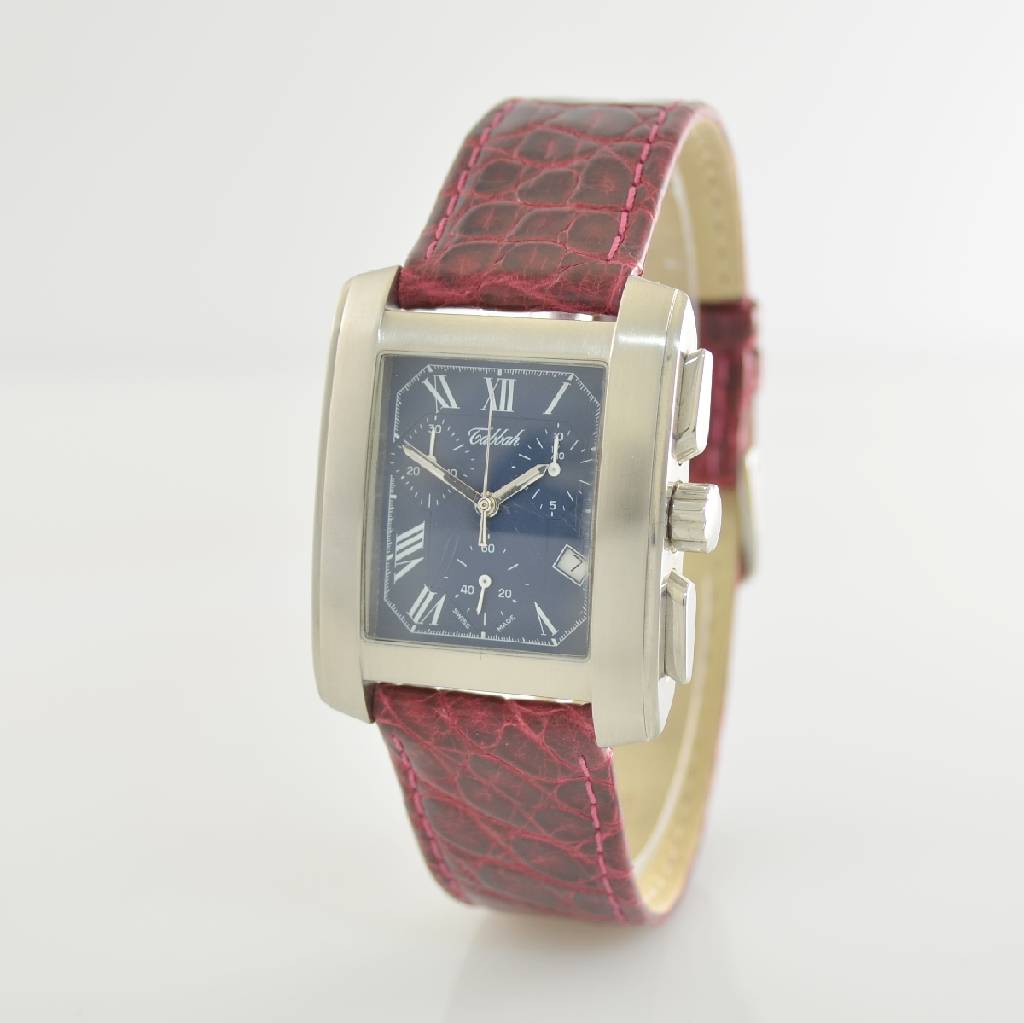 Detail b: TABBAH Armbandchronograph, Schweiz um 1999, Edelstahlgeh. teilw. sat., neutr. Lederband, Glas l. verkr., Boden 4 -fach verschr., Anz. v. Std., Min., ...