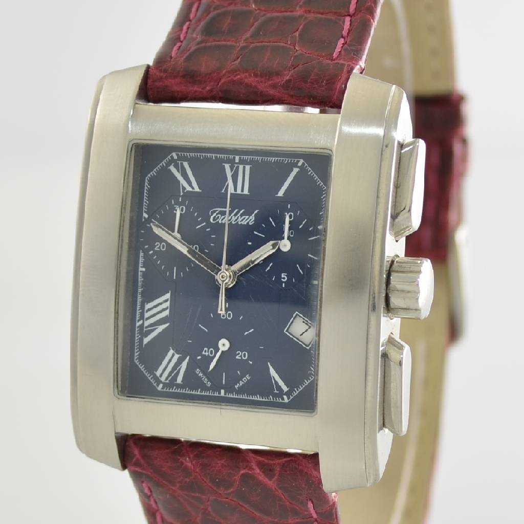 Detail c: TABBAH Armbandchronograph, Schweiz um 1999, Edelstahlgeh. teilw. sat., neutr. Lederband, Glas l. verkr., Boden 4 -fach verschr., Anz. v. Std., Min., ...