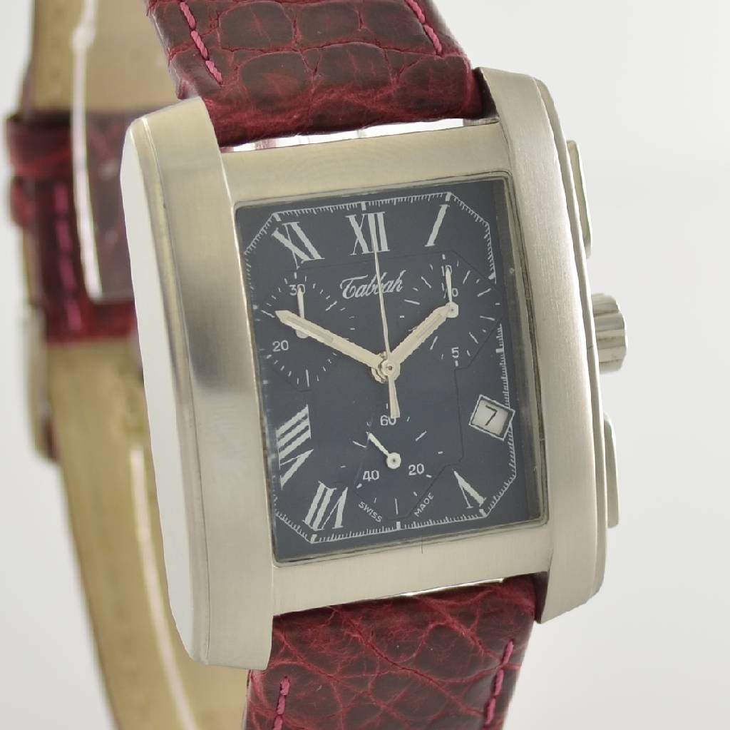 Detail e: TABBAH Armbandchronograph, Schweiz um 1999, Edelstahlgeh. teilw. sat., neutr. Lederband, Glas l. verkr., Boden 4 -fach verschr., Anz. v. Std., Min., ...