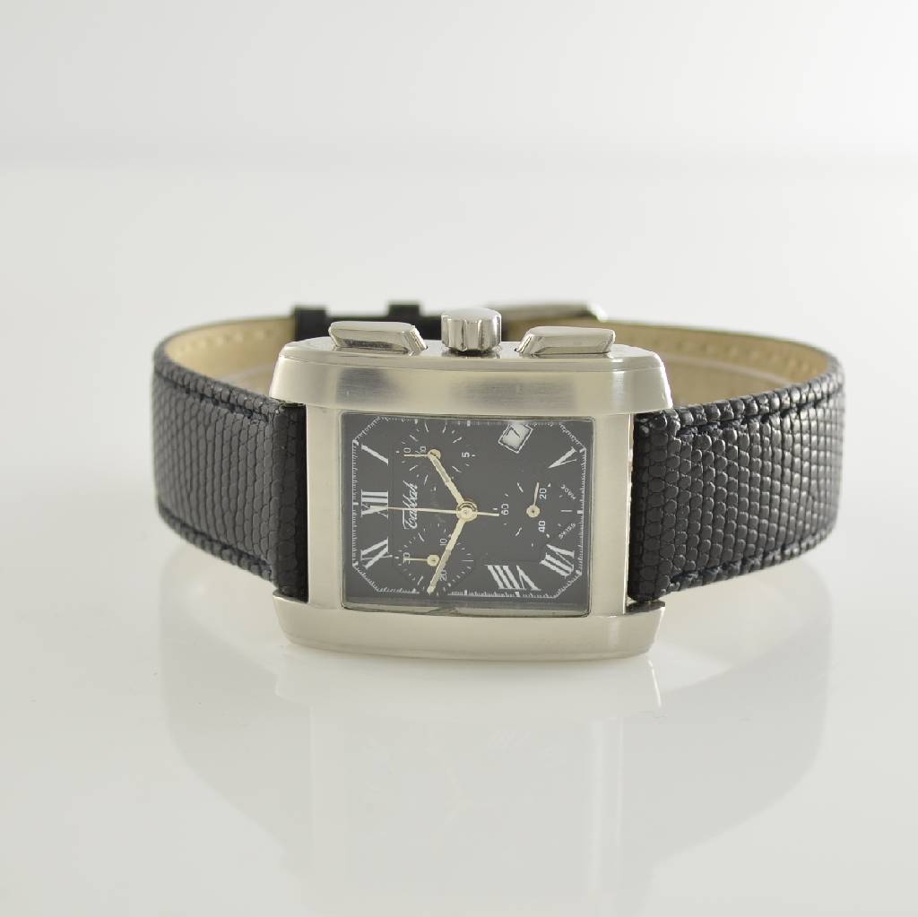 TABBAH Armbandchronograph, Schweiz um 1999, Edelstahlgeh. teilw. sat., neutr. Lederband, Glass l. verkr., Boden 4 -fach verschr., Anz. v. Std., Min., ...