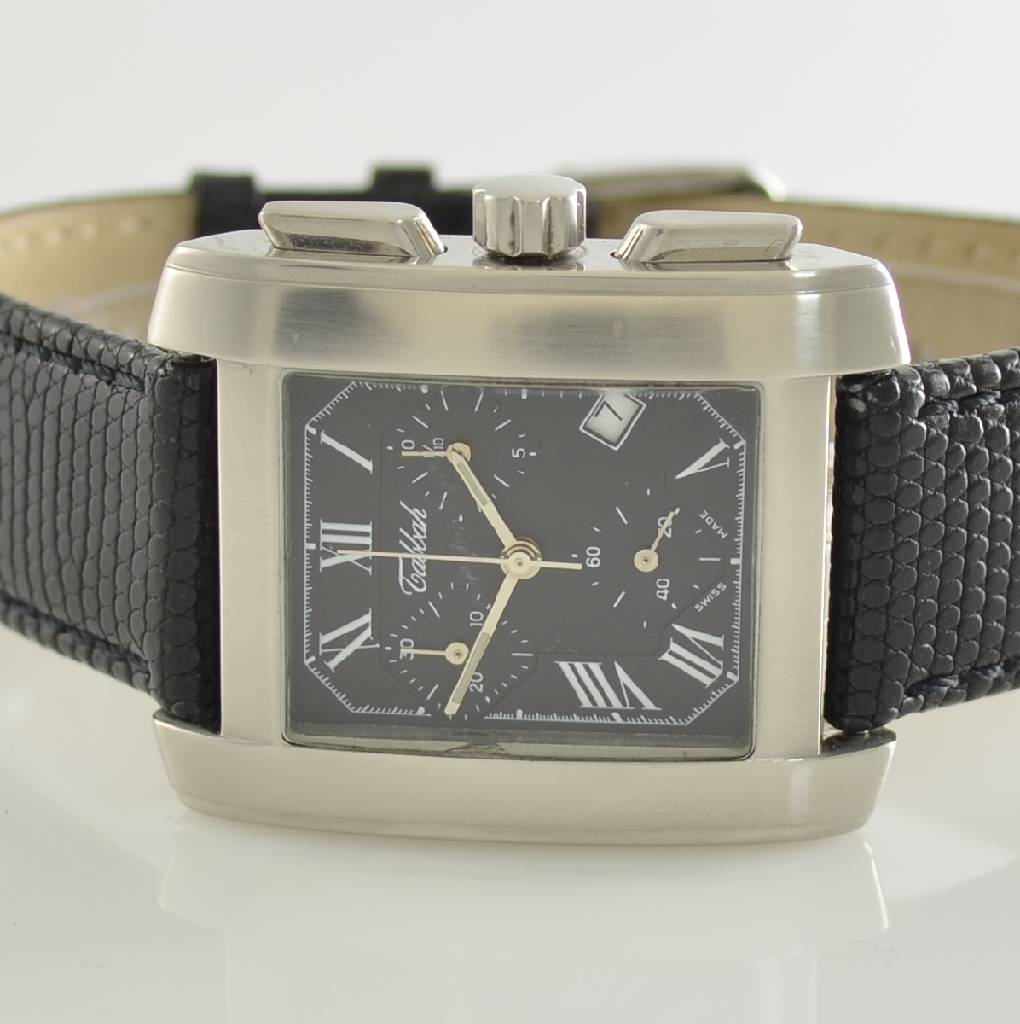Detail a: TABBAH Armbandchronograph, Schweiz um 1999, Edelstahlgeh. teilw. sat., neutr. Lederband, Glass l. verkr., Boden 4 -fach verschr., Anz. v. Std., Min., ...