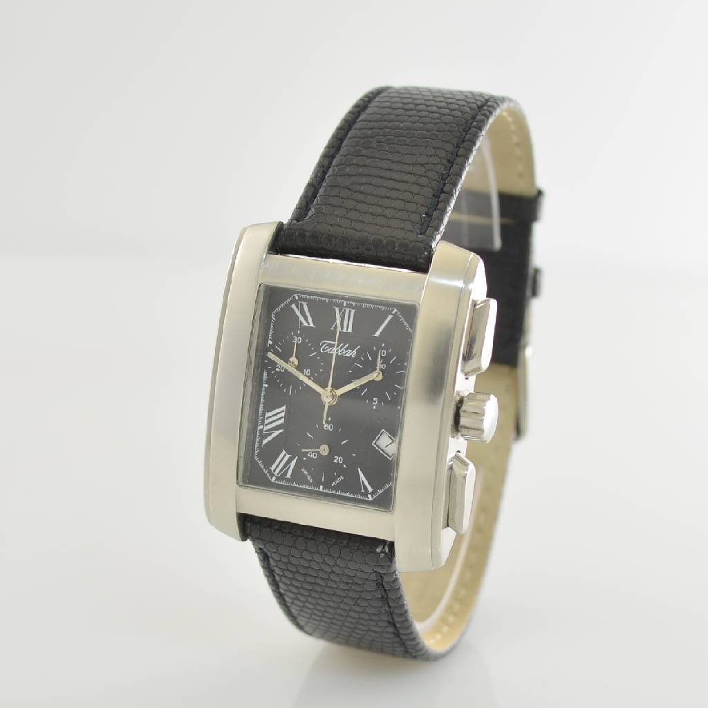 Detail b: TABBAH Armbandchronograph, Schweiz um 1999, Edelstahlgeh. teilw. sat., neutr. Lederband, Glass l. verkr., Boden 4 -fach verschr., Anz. v. Std., Min., ...