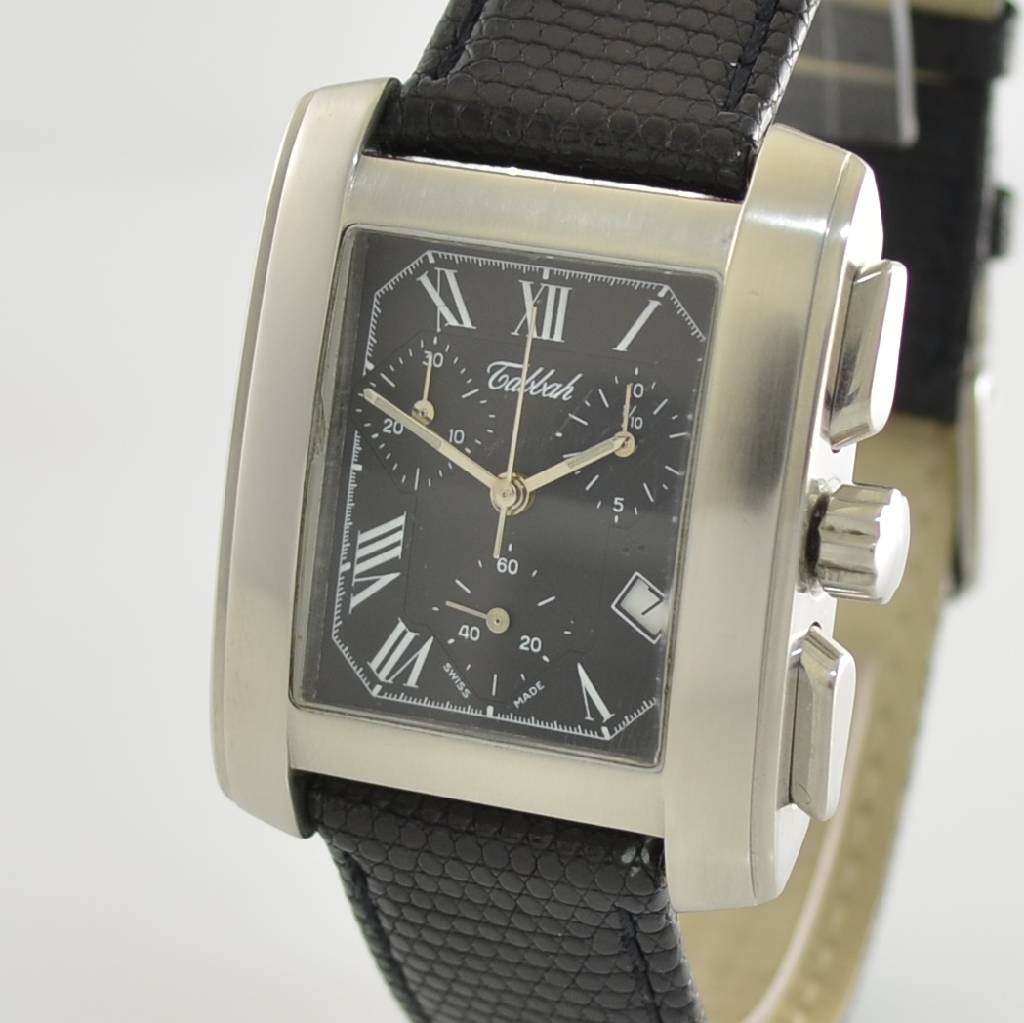 Detail c: TABBAH Armbandchronograph, Schweiz um 1999, Edelstahlgeh. teilw. sat., neutr. Lederband, Glass l. verkr., Boden 4 -fach verschr., Anz. v. Std., Min., ...