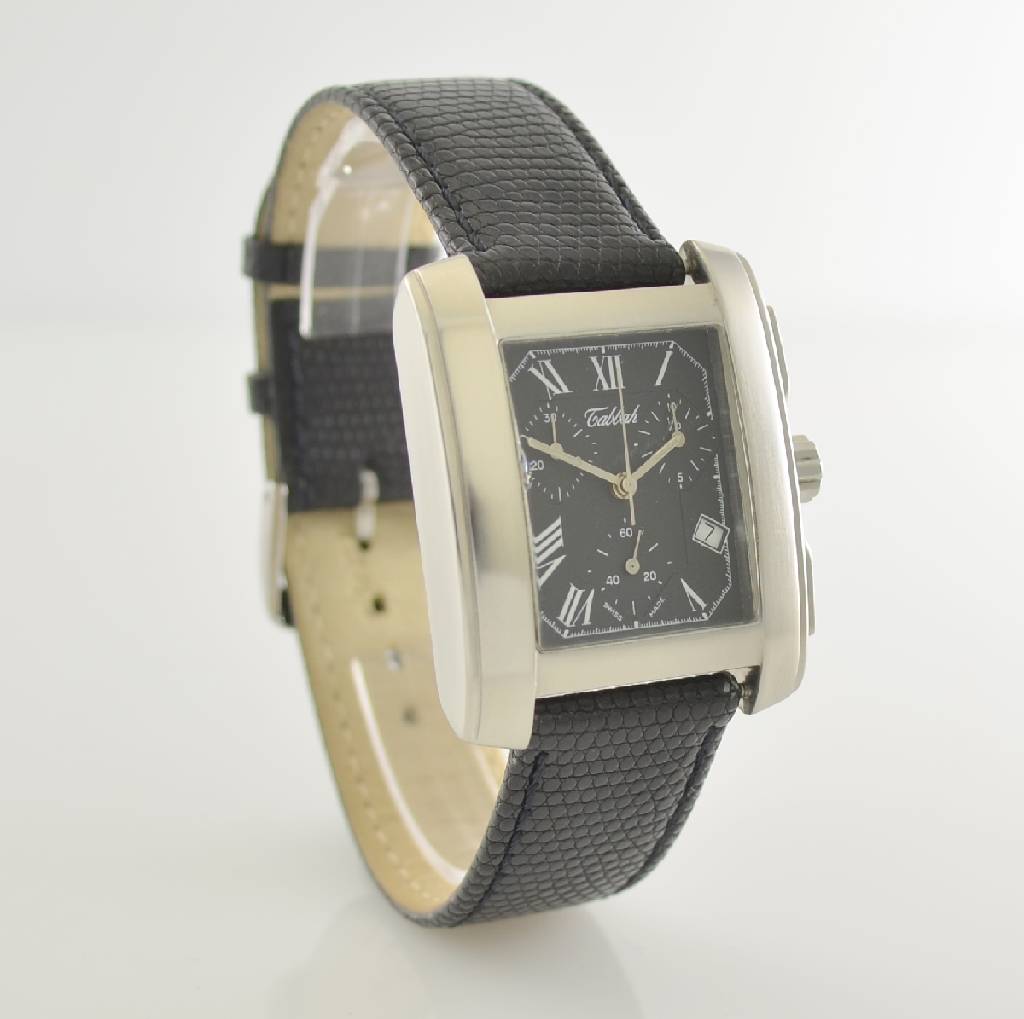 Detail d: TABBAH Armbandchronograph, Schweiz um 1999, Edelstahlgeh. teilw. sat., neutr. Lederband, Glass l. verkr., Boden 4 -fach verschr., Anz. v. Std., Min., ...