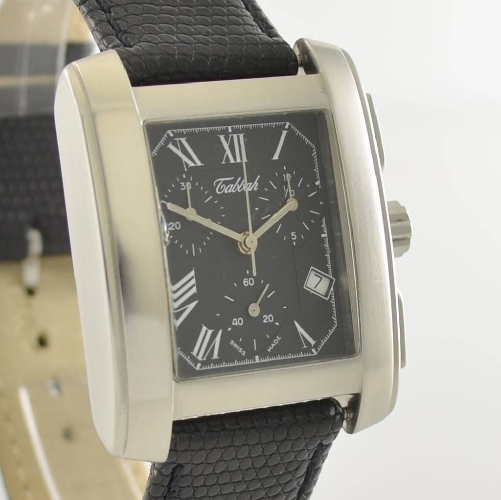 Detail e: TABBAH Armbandchronograph, Schweiz um 1999, Edelstahlgeh. teilw. sat., neutr. Lederband, Glass l. verkr., Boden 4 -fach verschr., Anz. v. Std., Min., ...