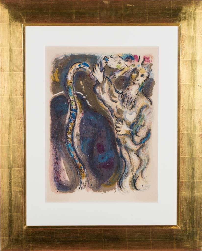 Marc Chagall, 1887-1985, Lithografie aus der Serie Exodus, im Druck sign., PP-Ausschnitt 50x35 cm, unter Glas gerahmt, gesamt 80x64 cm, inkl. ...