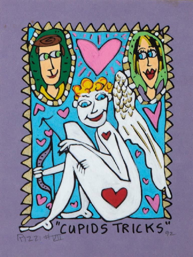 James Rizzi, 1950-2011, Cupids Tricks, Acryl/Gouache auf Papier, handsign., dat. 92, PP-Ausschnitt 23,5x18,5 cm, unter Glas gerahmt, gesamt 47,5x41,5 ...