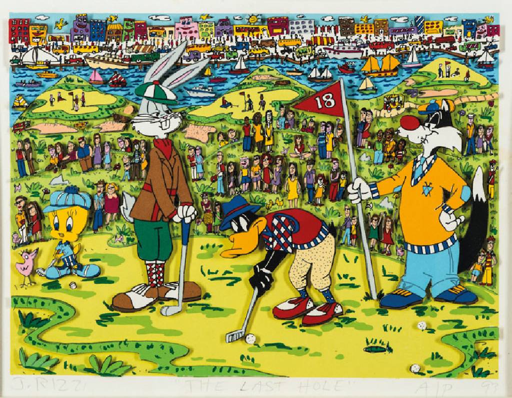 James Rizzi, 1950-2011, The last hole, 3D- Lithographie, handsign., betitelt, dat. (19)93, Motiv 19,5x26,5 cm, unter Glas gerahmt, gesamt 40x45 cm