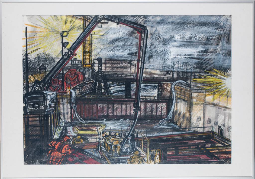 Elisabeth Bieneck-Roos, geb. 1925, nächtliche Baustelle Fahrlachtunnel Mannheim, Mischtechnik/Papier, 1990, sign., Blattgr. 73x102 cm, unter Glas ...