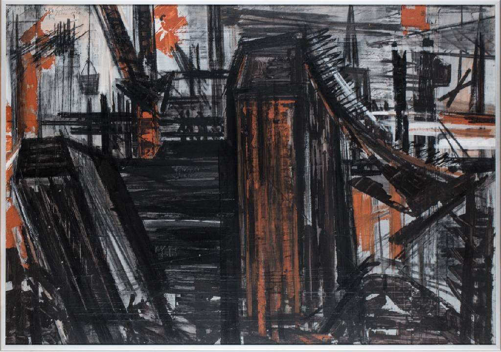 Elisabeth Bieneck-Roos, geb. 1925, Brücke Schwetzingen, 1977, Mischtechnik/Papier, sign., Blattgr. 70x100 cm, unter Glas gerahmt