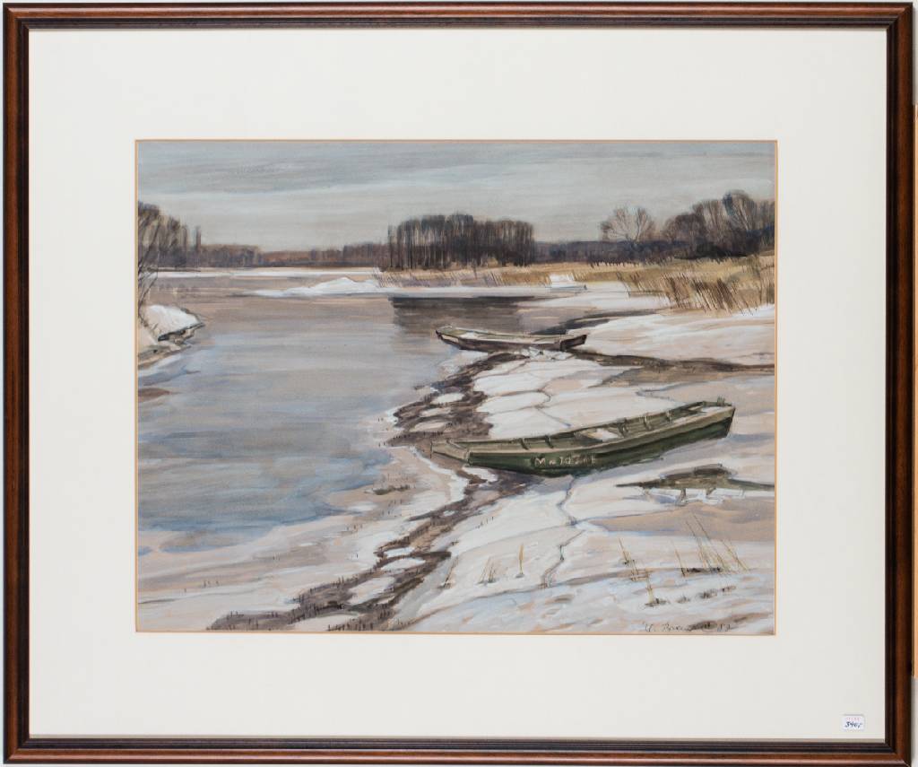 Werner Brand, geb. 1933 Löbau, Zwischen Jockrim und Wörth, sign., dat. 1987, Aquarell/ Papier, PP-Ausschnitt 42x54,5 cm, unter Glas gerahmt, gesamt ...