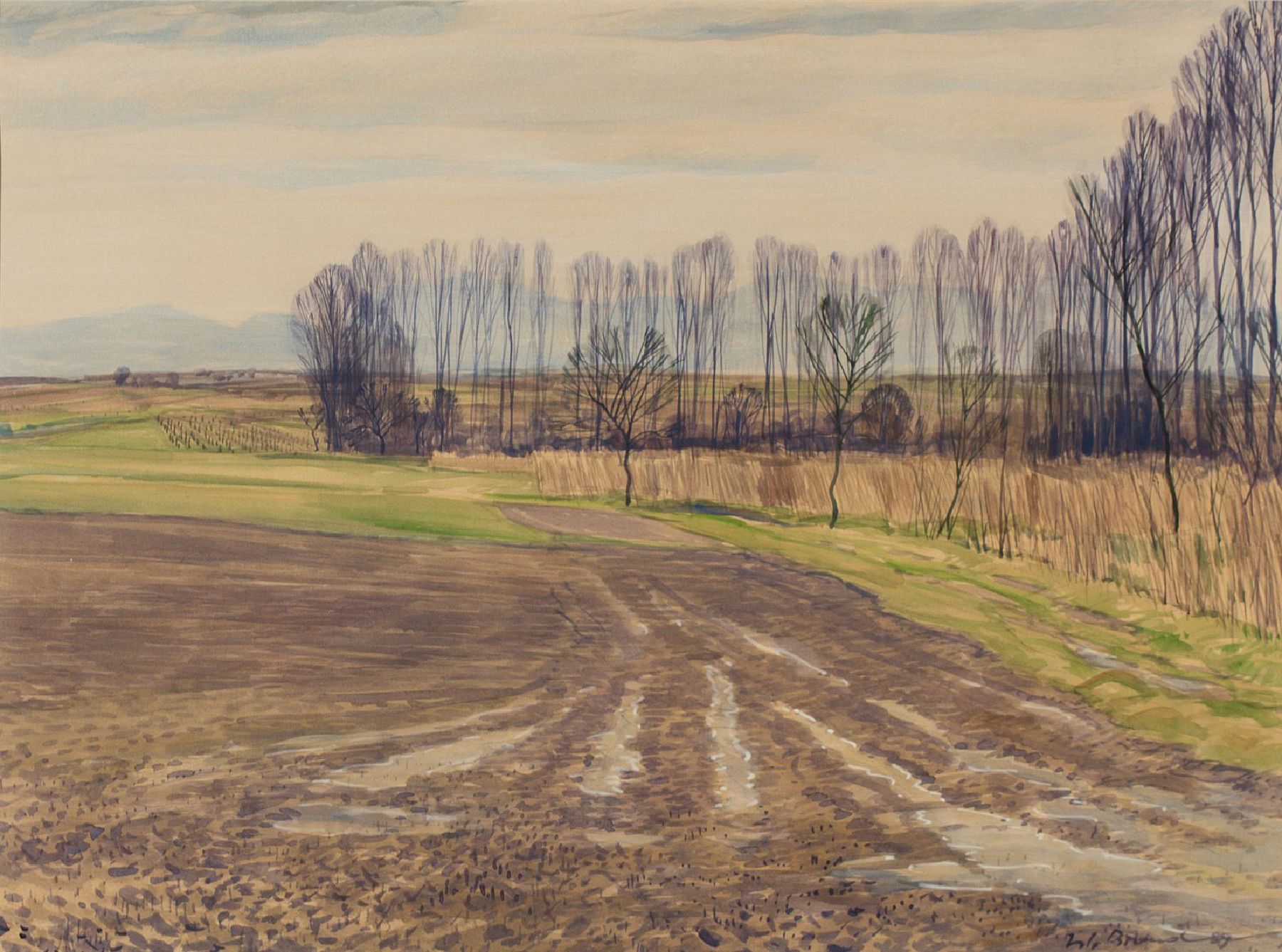 Werner Brand, geb. 1933 Löbau, Hochstadt Richtung Norden, Aquarell/Papier, sign., dat. 1989, PP-Ausschnitt 44,5x60 cm, unter Glas gerahmt, gesamt ...