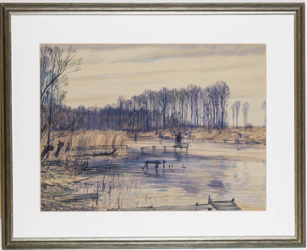 Werner Brand, geb. 1933 Löbau, Altwasser bei Jockrim von Wörth aus, Aquarell/Papier, sign., dat., PP-Ausschnitt 45x60 cm, unter Glas gerahmt, ...