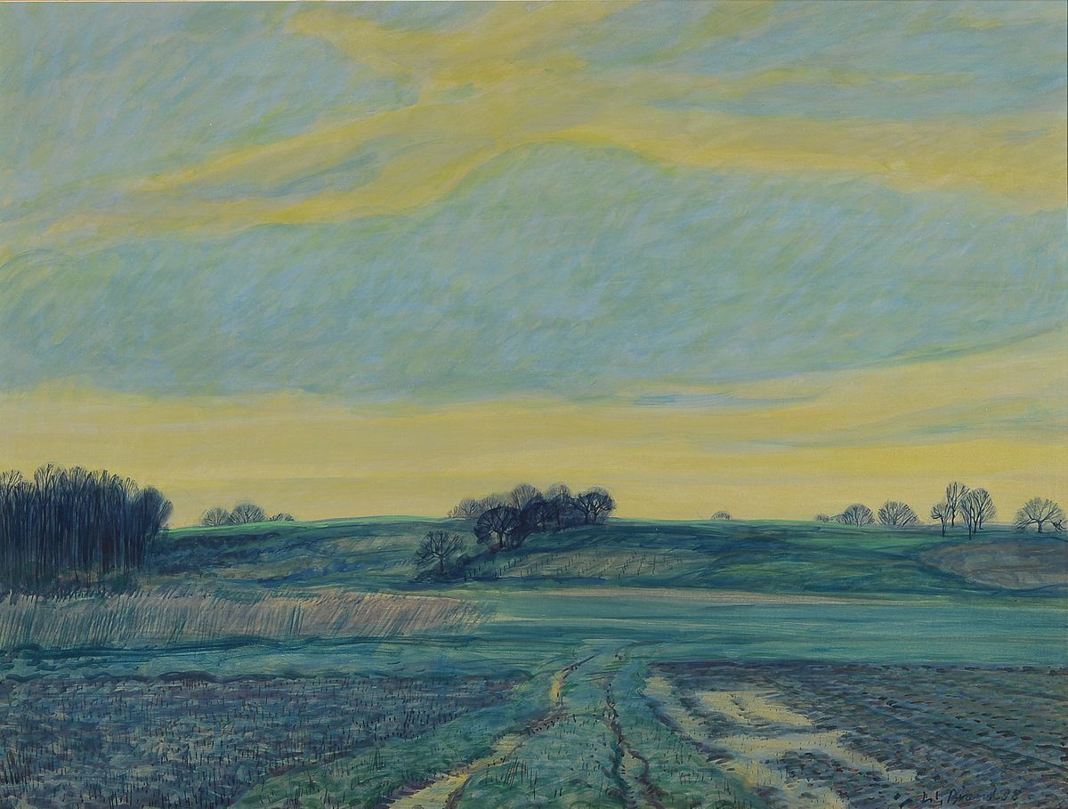 Werner Brand, geb. 1933 Löbau, Sonnenuntergang zwischen Hardt und Kuhardt, Aquarell/Papier, sign., dat. 1998, PP- Ausschnitt 45,5x60 cm, unter Glas ...