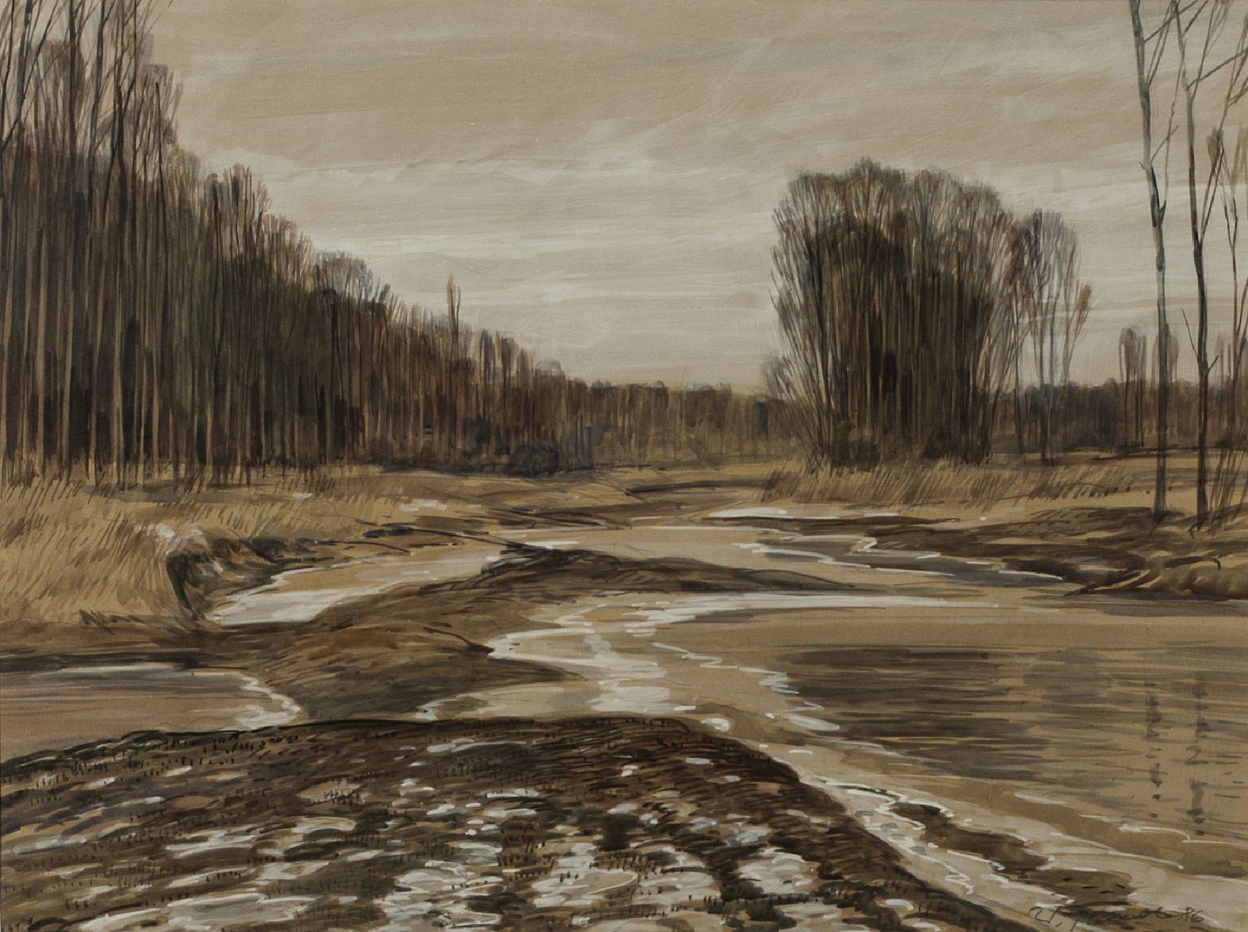 Werner Brand, geb. 1933 Löbau, Winter bei Römerberg, Aquarell/Papier, sign., dat. 1986, PP-Ausschnitt 40,5x55 cm, unter Glas gerahmt, gesamt 64x78 ...