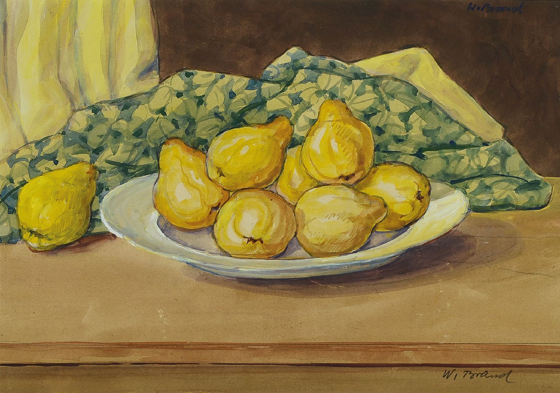 Werner Brand, geb. 1933 Löbau, Quitten auf Teller, Aquarell/Tempera/Papier, sign., PP- Ausschnitt 28x40 cm, unter Glas gerahmt, gesamt 50,5x60 cm