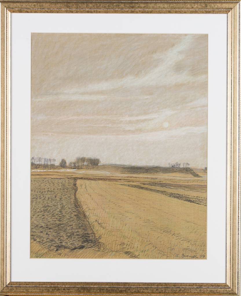 Werner Brand, geb. 1933 Löbau, Acker bei Rültzheim, Pastell, sign., dat. 1979, PP- Ausschnitt 50x40 cm, unter Glas gerahmt, gesamt 67x55 cm