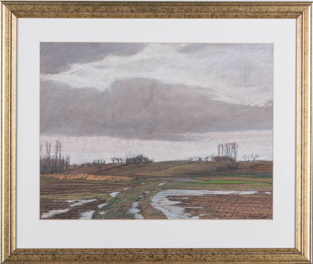 Werner Brand, geb. 1933 Löbau, Von Rülzheim Richtung Kuhardt nach dem Regen, 1979, Pastell, sign., PP-Ausschnitt 32,5x43,5 cm, unter Glas gerahmt, ...