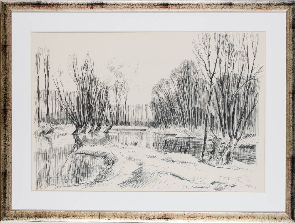 Werner Brand, geb. 1933 Löbau, Altwasser bei Germersheim, 1978, Bleistift-Zeichnung, sign., dat., PP-Ausschnitt 37x53,5 cm, unter Glas gerahmt, ...