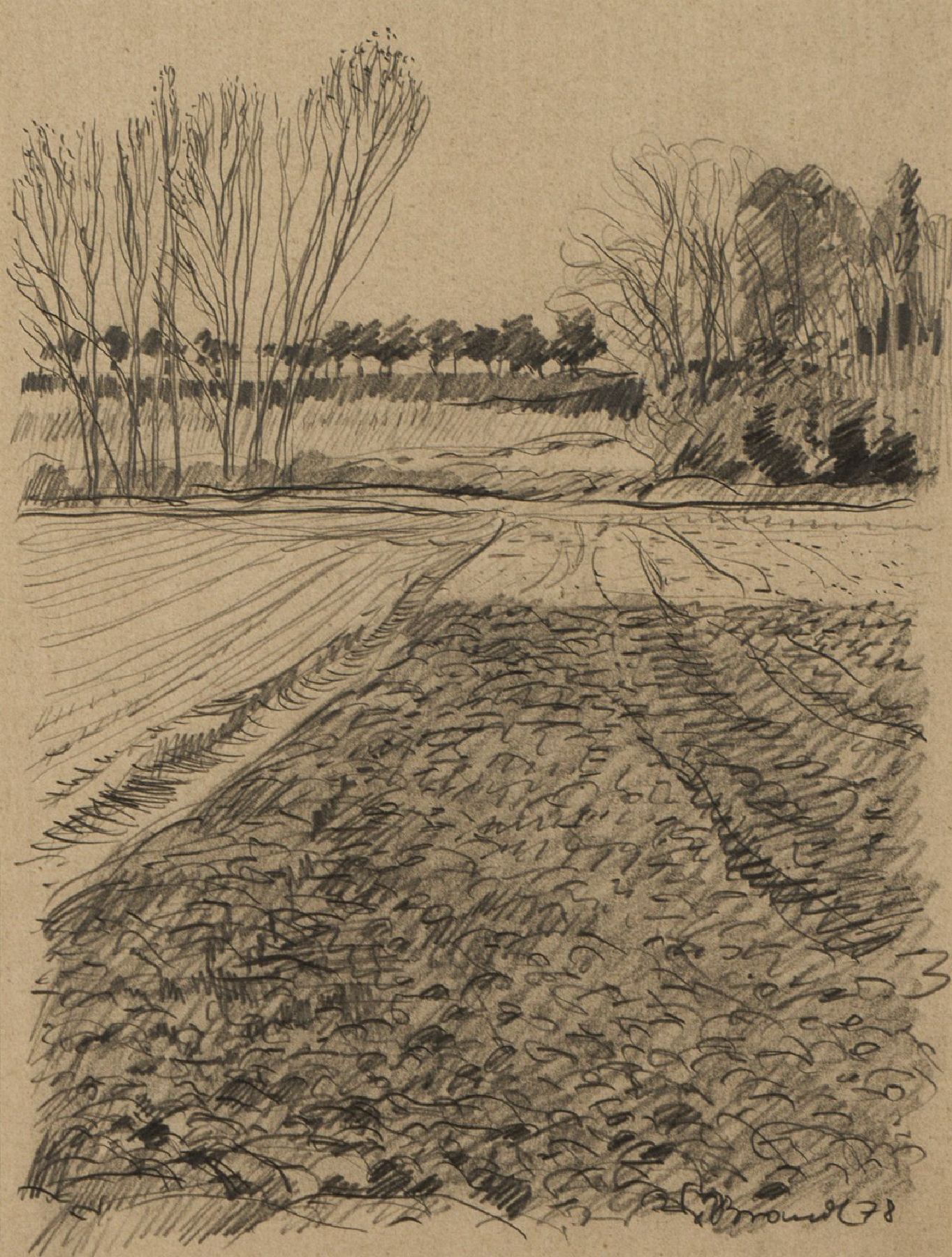 Werner Brand, geb. 1933 Löbau, Rheindamm, Bleistift-Zeichnung, sign., dat. 1978, PP- Ausschnitt 28,5x21,5 cm, unter Glas gerahmt, gesamt 44,5x36,5 cm