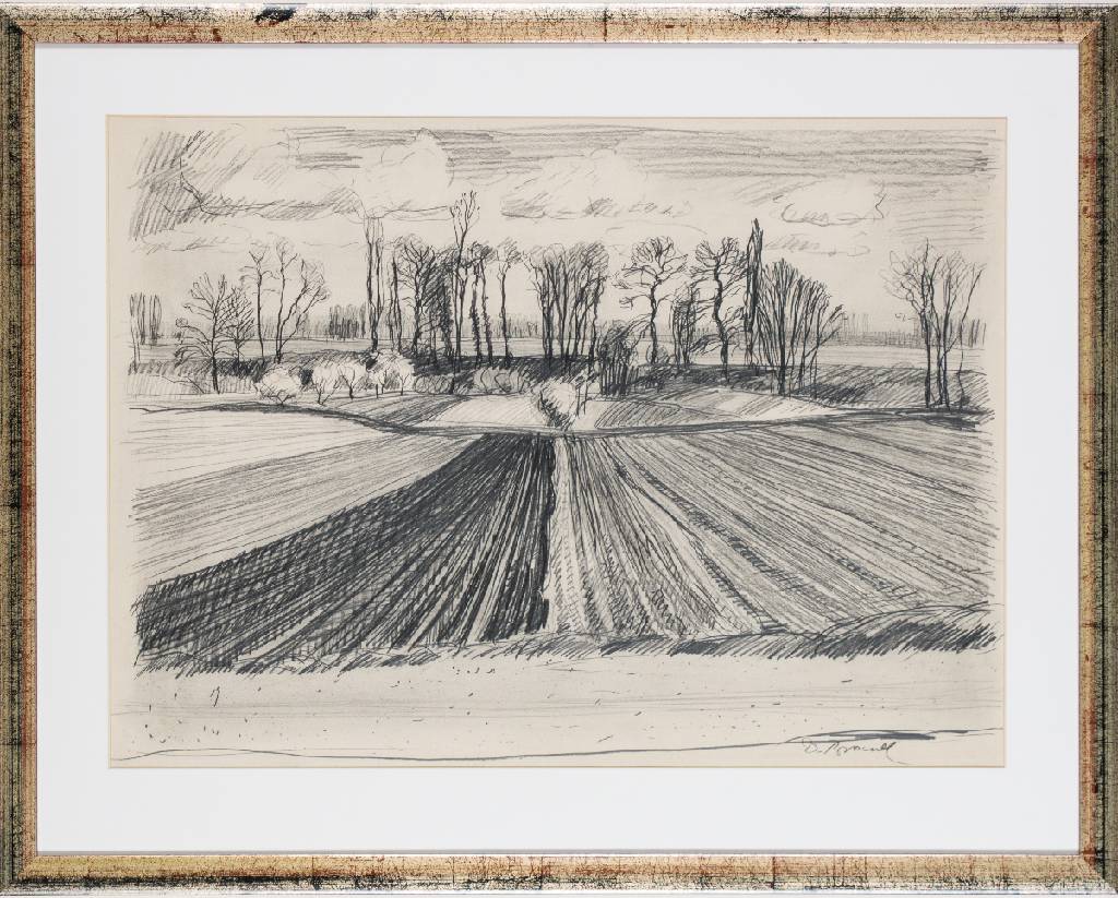 Werner Brand, geb. 1933 Löbau, Bei Rülzheim,1978, Bleistift-Zeichnung, sign., PP- Ausschnitt 40,5x56 cm, unter Glas gerahmt, gesamt 56,5x70,5 cm