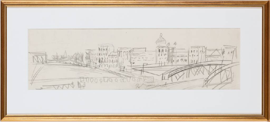 Rudi Baerwind, 1910-1982, Brücke in Mannheim, sign., PP-Ausschnitt ca. 14x46,5 cm, unter Glas gerahmt, gesamt 28x56,5 cm
