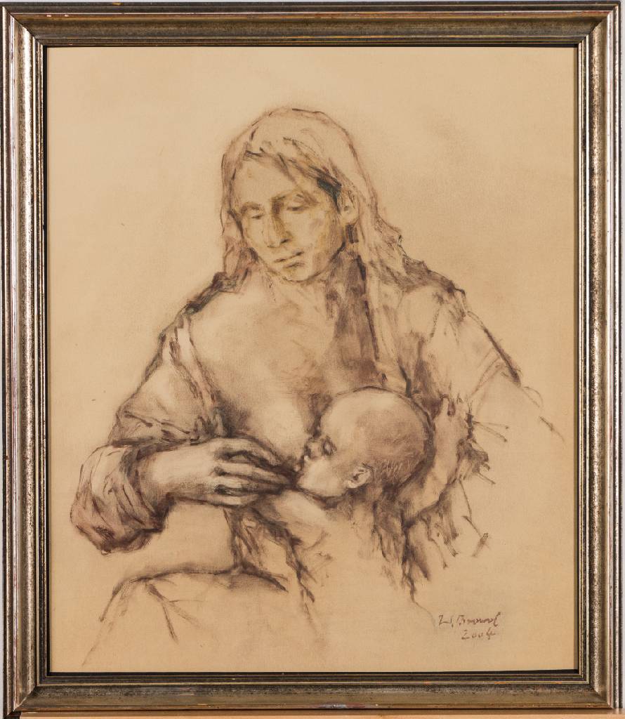 Werner Brand, geb. 1933 Löbau, Stillende Mutter, Öl/Papier, sign., dat. 2004, Blattgr. 48,5x41,5 cm, unter Glas gerahmt
