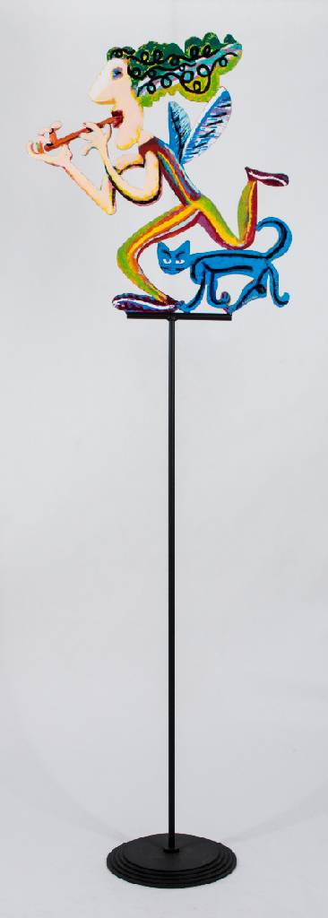 David Gerstein, geb. 1944, Flötenspieler, Metallskulptur auf dünnem Metallsockel, beidseitig handbemalt, sign., wohl Unikat, Skulptur ca. 60x55cm, ...