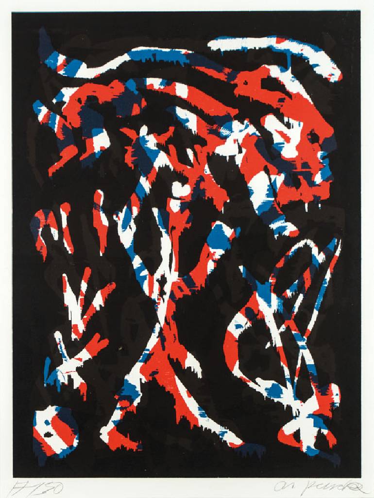 A.R. Penck, 1939-2017, Jäger, Holzschnitt, aus 1990, handsign., num. 17/30, Blattgr. 80x60 cm, unter Glas gerahmt, gesamt 98x76,5 cm