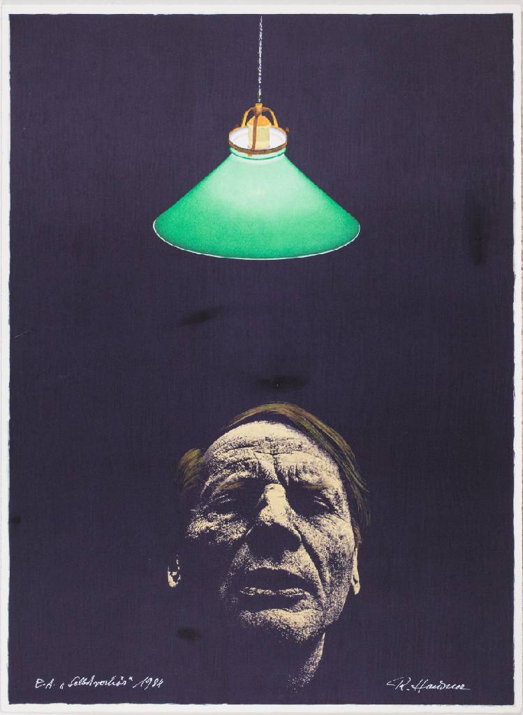 Rudolf Hausner, 1914-1995, Farbserigraphie, Mann unter grüner Lampe, sign., num. e.a., Blattgr. 75x65 cm