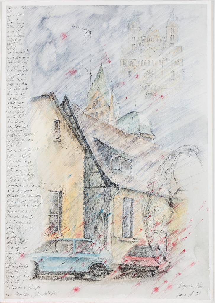 Carmen Stahlschmidt, geb. 1956 Trier, Konvolut aus 2 Zeichnungen, Speyer & Natur, mit Zitaten von Rainer Maria Rilke, je sign., Blattgr. 65x45 cm