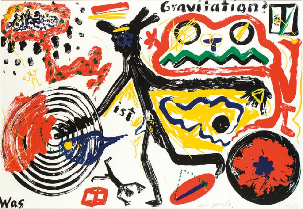 A.R. Penck, 1939-2017, Was ist Gravitation?, Farbserigraphie, handsign., num. 34/55, Blattgr. 70x100 cm, unter Glas gerahmt