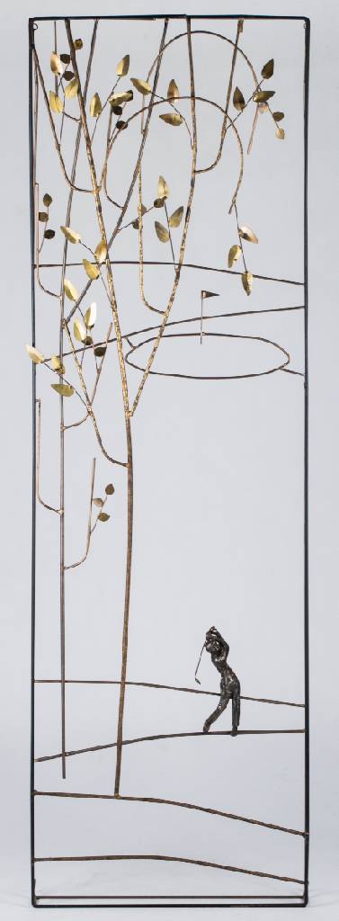 Unbekannter Künstler, Golfer, Skulptur aus Bronze und Metall, sign., dat. 1976, ca. 122x37,5x5 cm