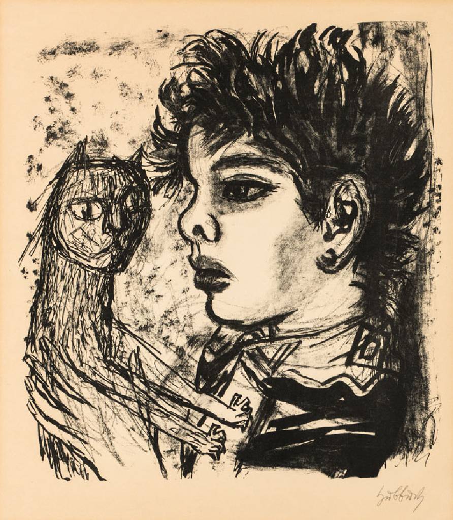 Karl Hubbuch, 1891-1979, Jüngling mit Katze, Lithographie, sign., Blattgr. 62x50 cm, Blatt gebräunt, kleiner Riss 7mm am li Blattrand