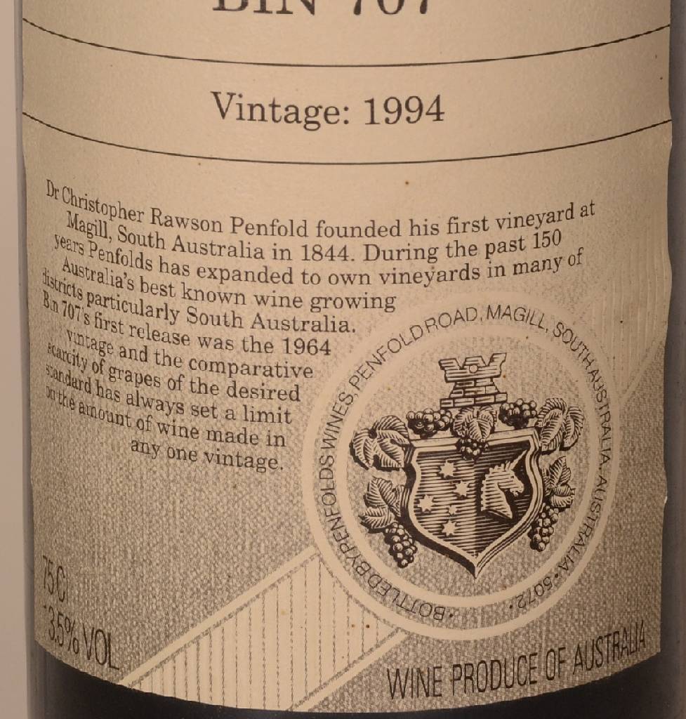 Detail a: 1 Flasche 1994 Penfolds Cabernet Sauvignon Bin 707, ca. 75 cl, 13,5 % Vol., Füllstand: ca. into neck, unverkostet, sehr guter Erhaltungszustand, ...