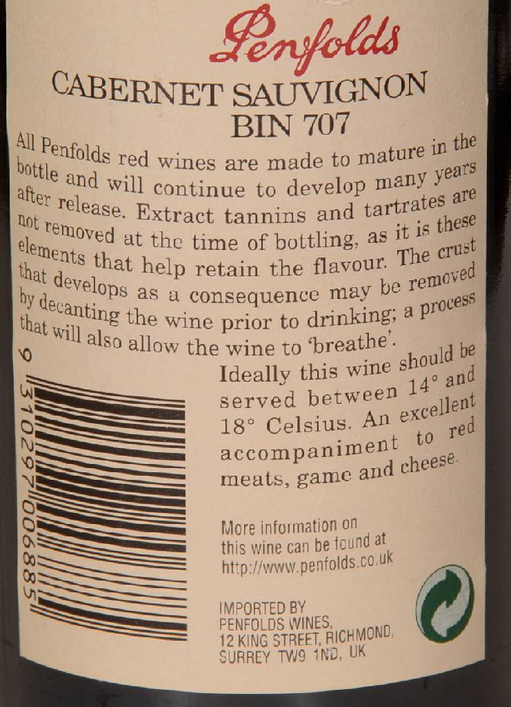 Detail b: 1 Flasche 1994 Penfolds Cabernet Sauvignon Bin 707, ca. 75 cl, 13,5 % Vol., Füllstand: ca. into neck, unverkostet, sehr guter Erhaltungszustand, ...