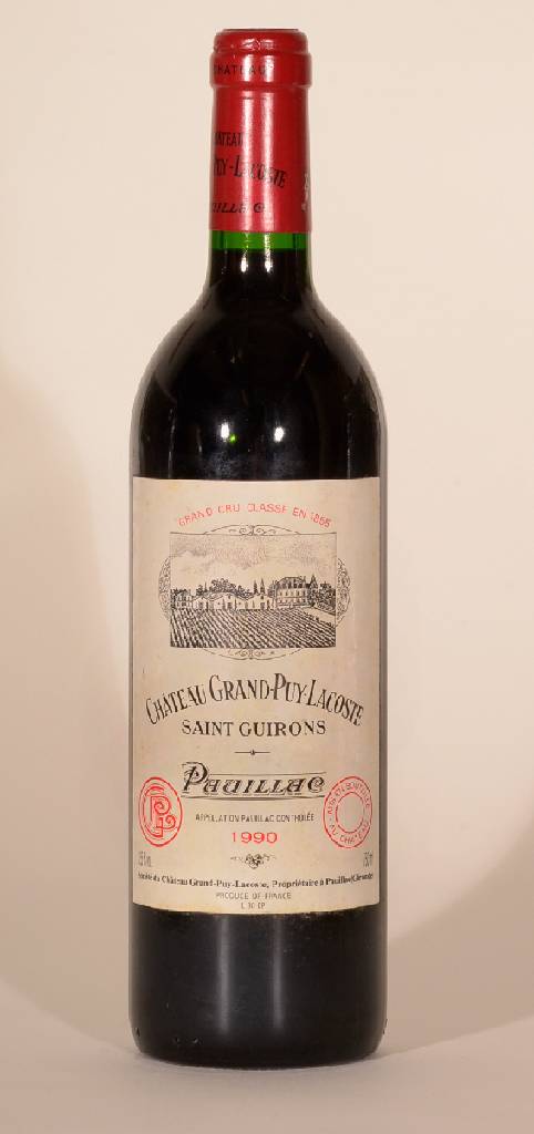 1 Flasche 1990 Chateau Grand-Puy-Lacoste, Pauillac, ca. 75 cl, 12,5 % Vol., Füllstand: ca. into neck, unverkostet, sehr guter Erhaltungszustand, 95 ...