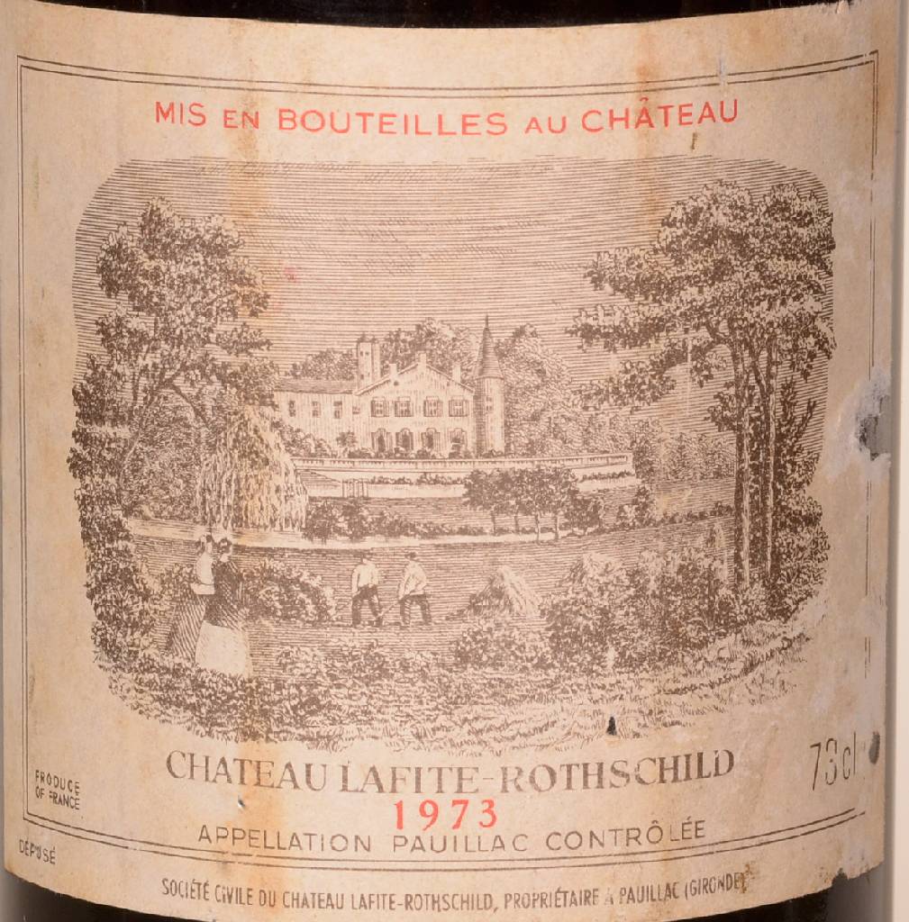 Detail a: 1 Flasche 1973 Chateau Lafite Rothschild, Pauillac, ca. 73 cl, Füllstand: ca. top shoulder, unverkostet, Etikett & Kapsel z.T beschädigt, Etikett ...