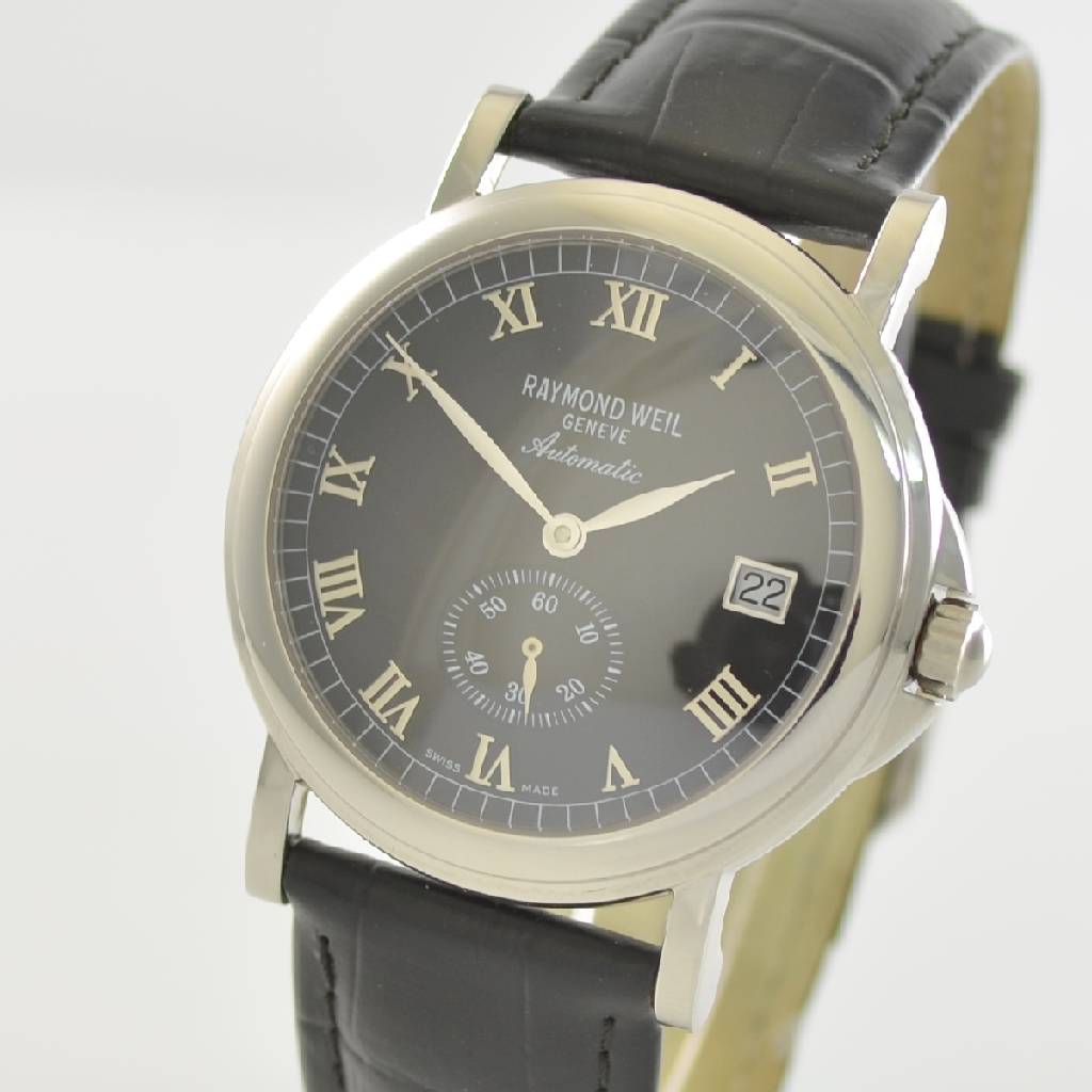Detail c: RAYMOND WEIL Maestro Herrenarmbanduhr in Stahl, Schweiz um 2010, Automatik, beids. vergl. Geh., Boden aufgedr., schwarzes Zifferbl. m. aufges. silb. ...