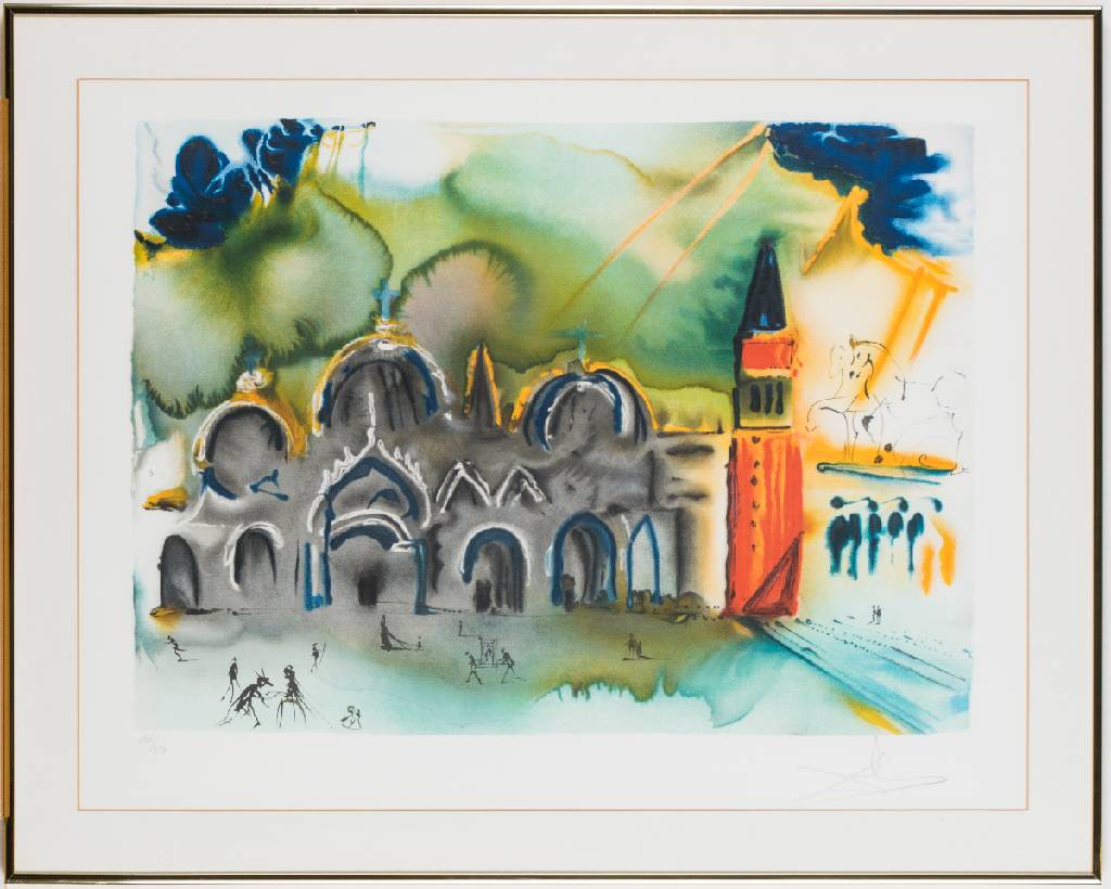Salvador Dali, 1904-1989, Huldigung an Venedig/Basilika und Campanile, Farblithografie auf Rives Bütten, sign., num. 286/350, ca. 42x57,5 cm, unter ...