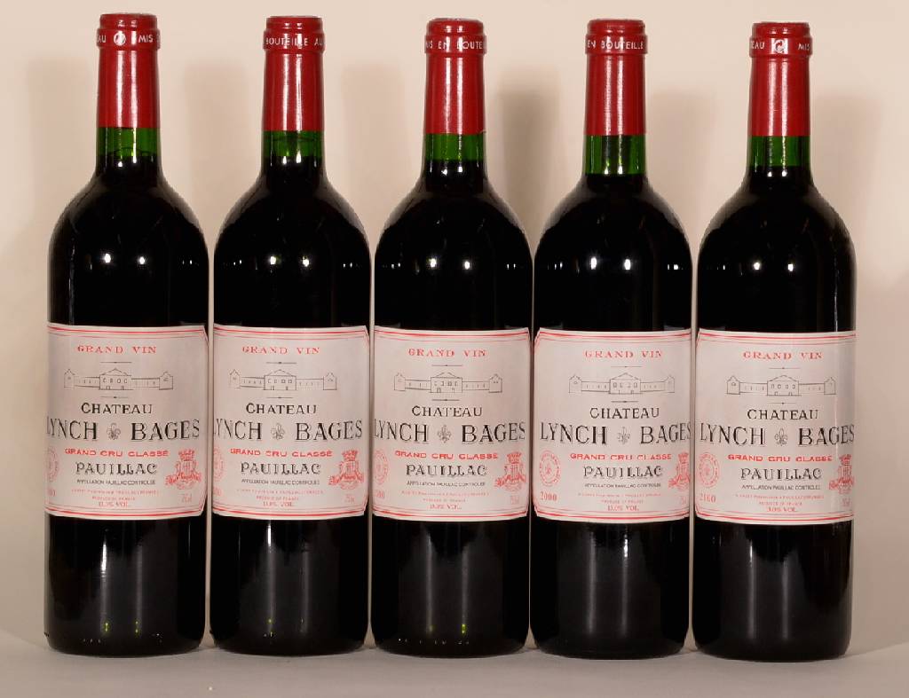 5 Flaschen 2000er Chateau Lynch Bages, Pauillac, Grand Cru Classé, je ca. 75 cl, 13 %Vol., unverkostet, Füllstände: je ca. into neck, ...