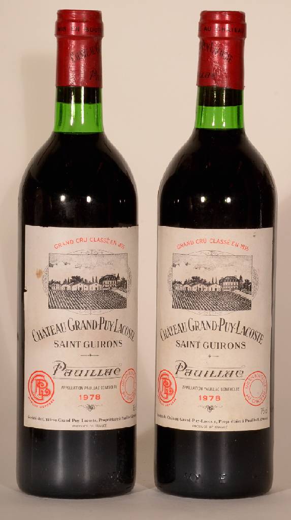 2 Flaschen 1978 Chateau Grand-Puy-Lacoste, je ca. 75 cl, Füllstand: je ca. into neck, unverkostet, Etiketten l. beschmutzt sonst sehr gute ...