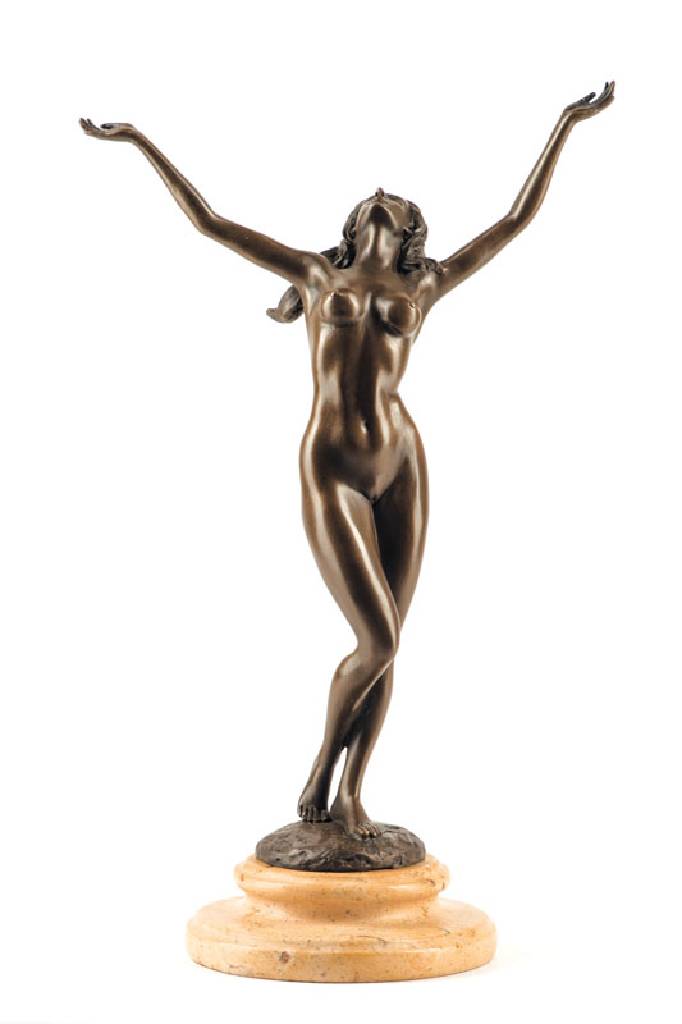 Ray Mondo, Bildhauer 20.Jh, weiblicher Akt mit ausgebreiteten Armen, Bronzeskulptur auf Steinsockel, sign., H. 36,5 cm