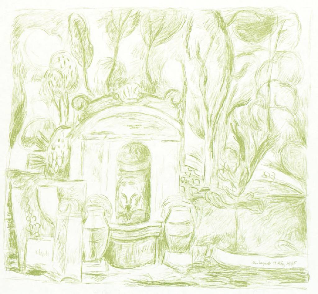 Hans Purrmann, 1880-1966, Brunnen in Levanto, Kreide-Farblithographie auf BFK Rives, handsign., dat. 1965, Blattgr. 51x66 cm, WVZ: Heilmann, Nr. 123