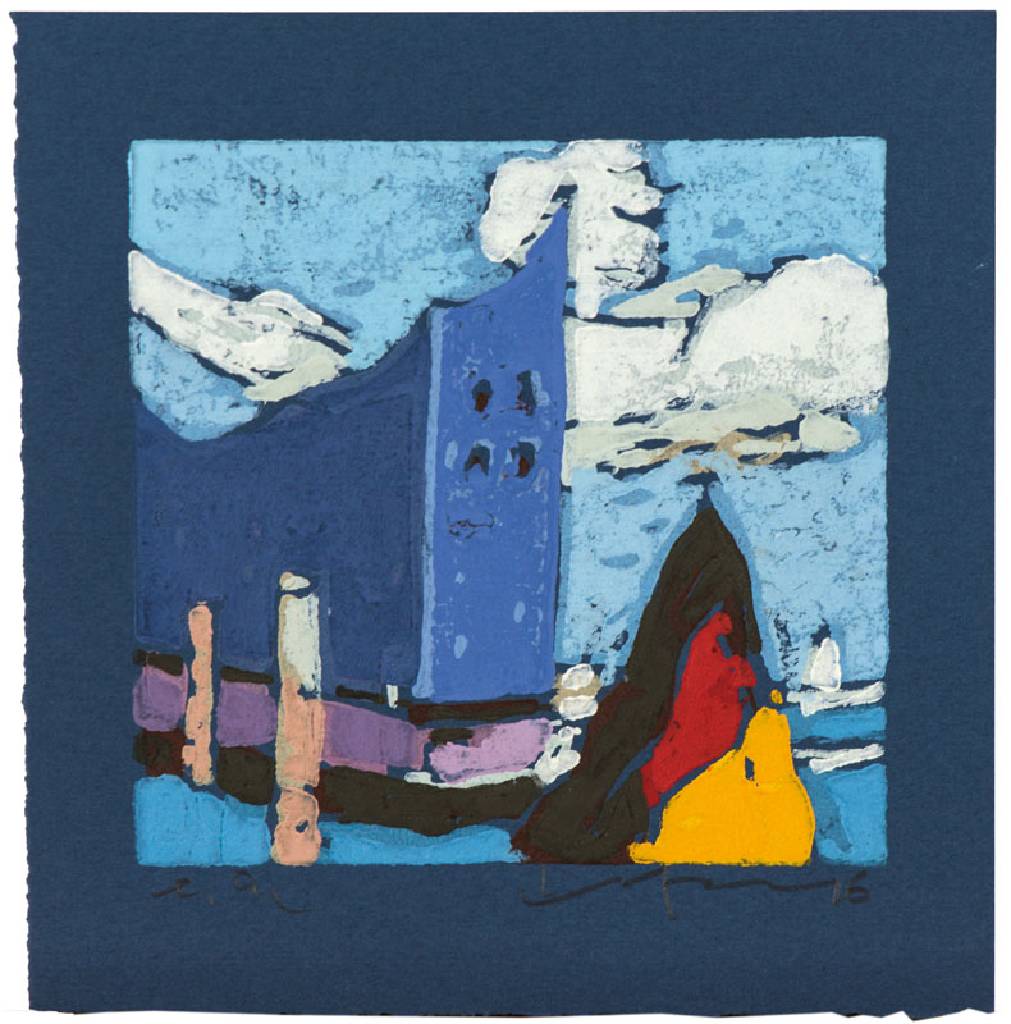 Klaus Fussmann, geb. 1938 Velbert, Elbphilharmonie, Farblinolschnitt, handsign., bezeichnet e.a., seltenes Künstlerexemplar, Blattgr. 18,5x18 cm
