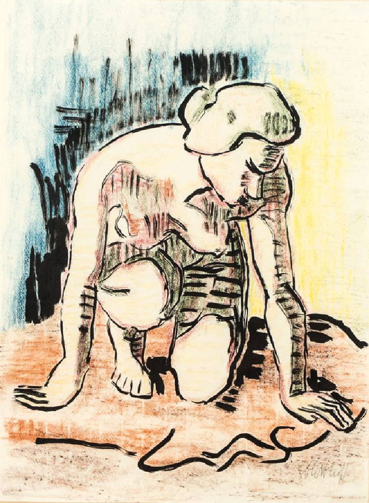 Karl Schmidt-Rottluff, 1884-1976, Hockender weiblicher Akt, von 1961, Tusche und Farbkreide auf Bütten, re unten signiert, Blattgr. 54x40 cm, unter ...