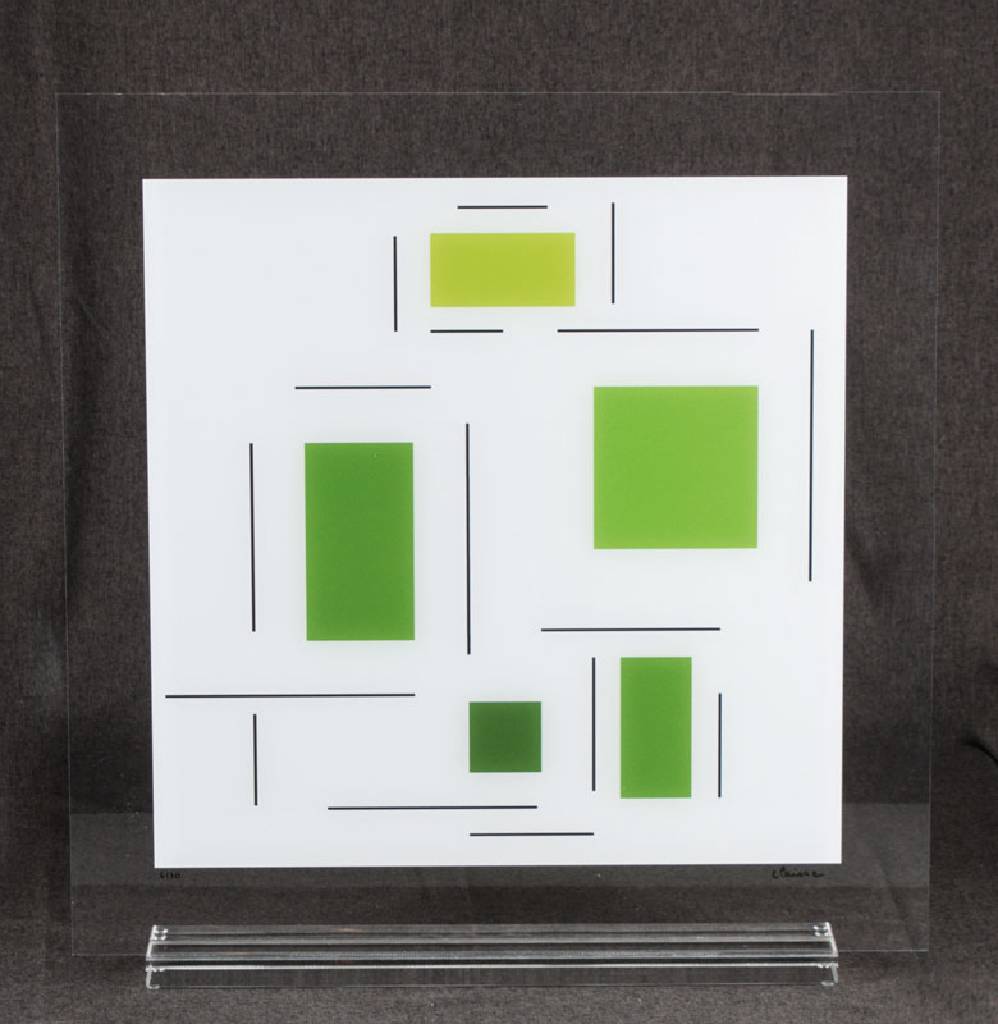 Geneviève Claisse, geb. 1938 Frankreich, Farbserigraphie auf Plexiglas, handsign., num. 6/30, ca. 40x40 cm, inkl. Aufsteller