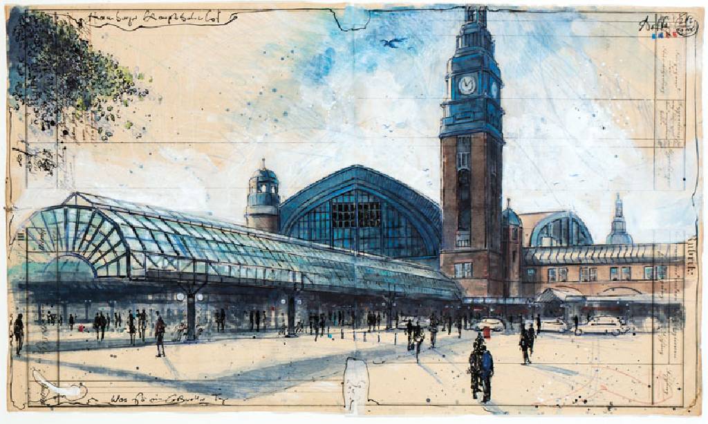 Andreas Noßmann, geb. 1962, Hamburger Hauptbahnhof, Mischtechnik aus Farbstift/Aquarell/weiße Tusche/Pastell/Collage auf Papier, handsign., WVZ: ...