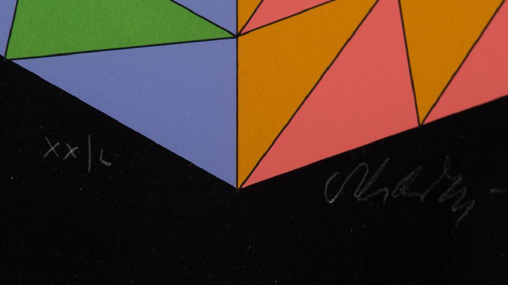 Detail a: Viktor Vasarely, 1906-1997, Heisenberg, Farbserigraphie in 18 Farben auf festem Karton, handsign., römisch num. 20/50, Blattgr. 64,5x60,5 cm, unter ...